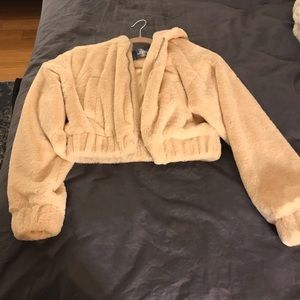 Urban Outfitters Cream Teddy Cropped Jacket with Hood